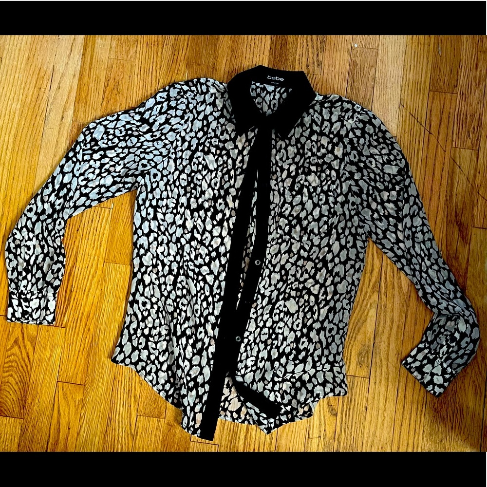 BEBE Leopard Print Black and White Sheer Top